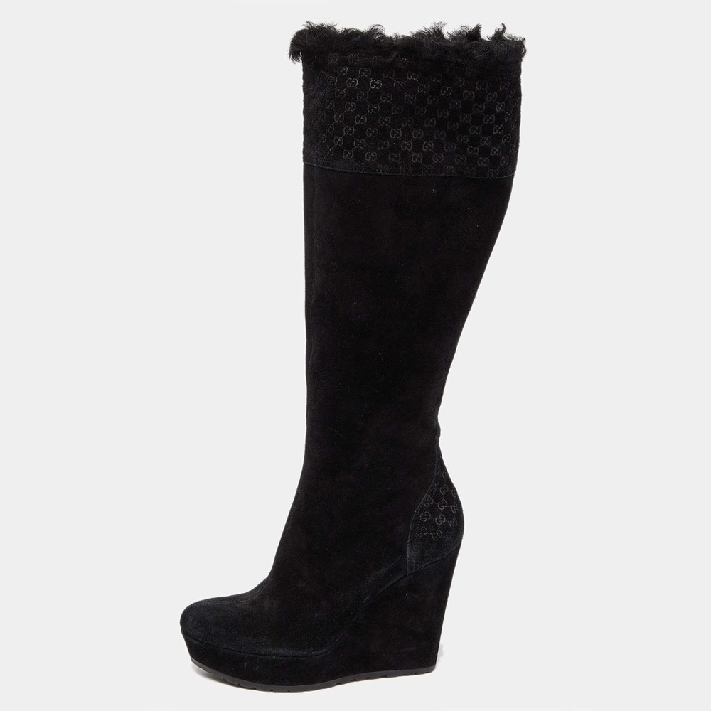 GUCCI Black Suede Courtney Microguccissima Logo Wedge Knee High Boots 37.5